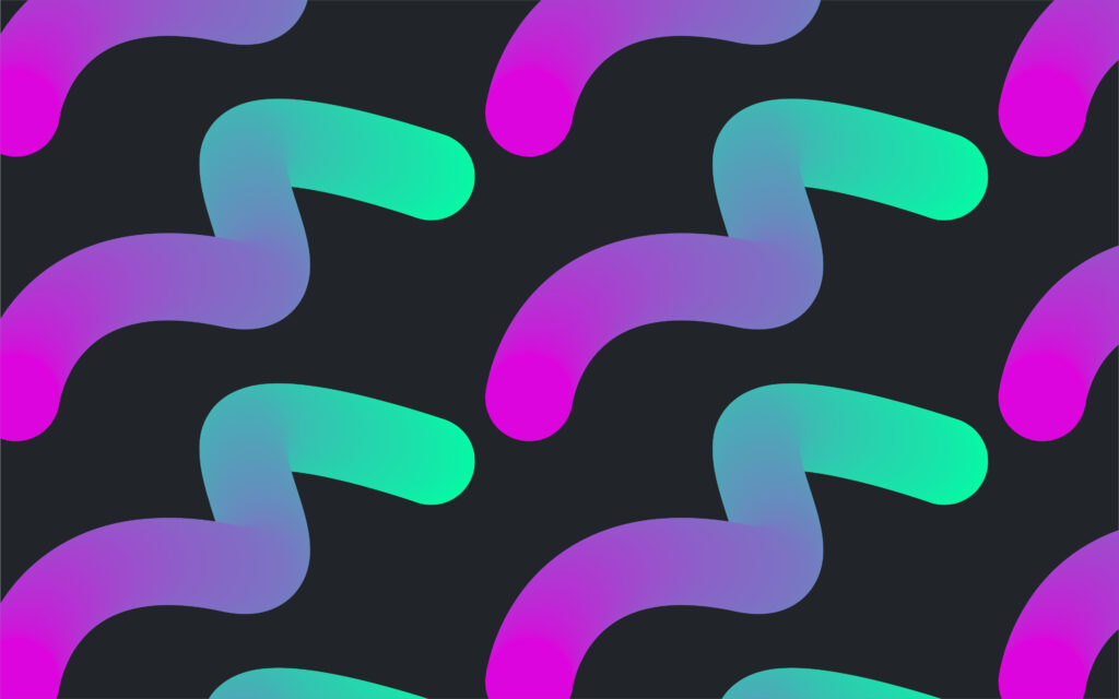Abstract geometric pattern with repeating curved shapes in magenta, purple, and cyan gradients on a dark background